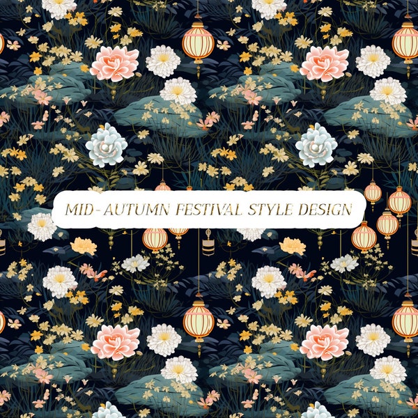 Mid Autumn Digital Paper | Mooncake Patterns | Lantern Design | Mid Autumn Festival | Chuseok | Autumn Moon | Chinese Festival Art | Moon
