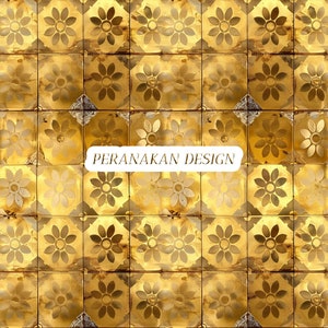 Könnte beinhalten: Eine goldene Fliesenwand mit einem sich wiederholenden Muster aus stilisierten Blumen. Die Fliesen sind leicht abgenutzt und haben einen verwitterten Look. Der Text "PERANAKAN DESIGN" ist in Weiß auf einem weißen Rechteck in der Mitte des Bildes geschrieben.