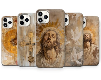 May include: Set of four iPhone cases featuring religious imagery. The cases feature a cross, doves, and a depiction of Jesus Christ. The cases are all in a distressed, vintage style with a gold and brown color scheme.