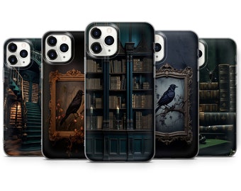 May include: Set of five phone cases featuring a dark, gothic aesthetic. Each case has a different design, including a library with bookshelves, a framed picture of a raven, and a stack of old books. The cases are all black and have a clear, protective layer.