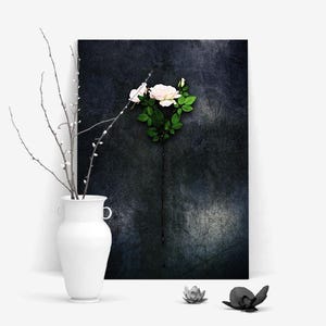 Elegante póster de rosas: rosas blancas sobre un fondo oscuro como mural minimalista para una decoración elegante y habitaciones modernas