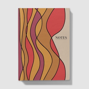 May include: A notebook with a cover featuring abstract wavy lines in shades of red, orange, and brown. The word "NOTES" is printed in black on the cover.
