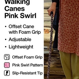 Adjustable Offset Women Walking Cane with Pink Swirl Foam Grip Wrist Strap Drive Medical