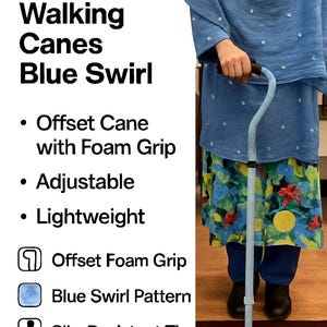 New Adjustable Offset Women Walking Canes Drive Foam Grip Blue and White Swirls