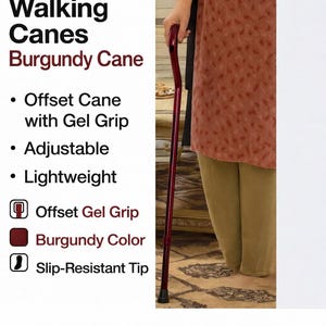 Adjustable Offset Walking Cane – Burgundy Red Gel Grip, Ergonomic Support Wrist Strap Drive Medical Women and Men