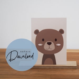 Póster infantil de osito, imagen digital para imprimir, póster para habitación infantil, póster de animales para habitación de bebé, idea de regalo para niños, oso pardo de peluche para niños
