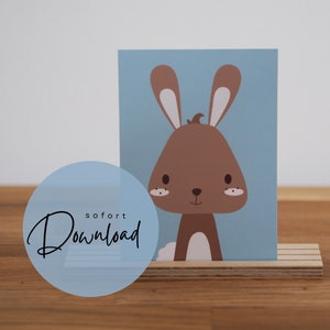 Póster infantil de conejito, imagen digital para imprimir, animales del bosque, conejito, póster para guardería, póster de animales para habitación de bebé, idea de regalo para niños