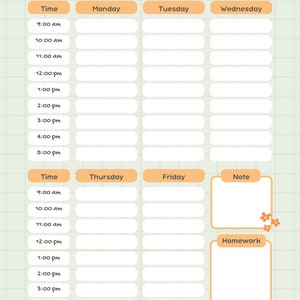 Op de afbeelding: Een wekelijkse studieplanner met een groene rasterachtergrond en oranje vakken. De planner is verdeeld in dagen van de week, met tijdsloten van 9:00 uur tot 17:00 uur. Er zijn ook secties voor notities en huiswerk.