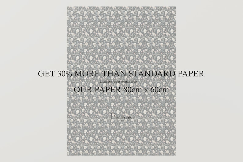 May include: A grey background with a white skull pattern. The text "GET 30% MORE THAN STANDARD PAPER" is at the top of the image. The text "Standard Paper 70cm x 50cm" is below the first line of text. The text "OUR PAPER 80cm x 60cm" is below the second line of text. The text "Prins cints" is at the bottom of the image.