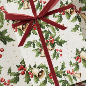 Christmas Bells Wrapping Paper - Premium Gift Wrap, Christmas Collection, Vintage Design, Holly Pattern, Festive Present, Holiday Gift Wrap