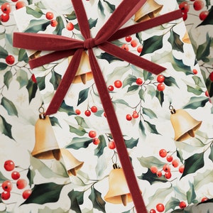 Christmas Bells Wrapping Paper - Premium Gift Wrap, Christmas Collection, Vintage Design, Holly Pattern, Festive Present, Holiday Gift Wrap