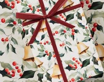 May include: A white gift wrap with a red velvet ribbon and a repeating pattern of green holly leaves, red berries, and gold bells.