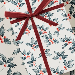 Christmas Holly Wrapping Paper -  Premium Gift Wrap, Christmas Collection, Fun Pattern, Festive Present, Block Print Design, Holiday Gift