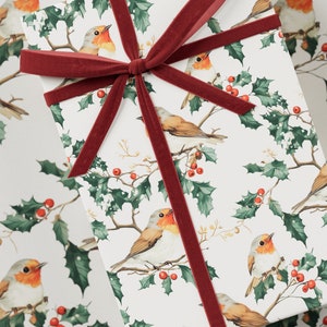 Carta da regalo Robin - Carta da regalo di alta qualità, collezione natalizia, motivo agrifoglio ed edera, regalo festivo, design vintage, carta da regalo per le feste