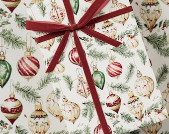 May include: White gift wrap with a red ribbon and a repeating pattern of vintage-style Christmas ornaments, pine branches, and holly berries.