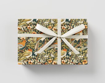 Blooming Birds Premium Wrapping Paper - William Morris Inspired - Unique Gift Wrap - Green, Blue