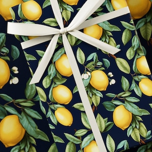 Carta da regalo con limoni fruttati - Collezione di frutta, Confezione regalo premium, Floreale, Design unico, Regalo di compleanno, Giallo e blu scuro