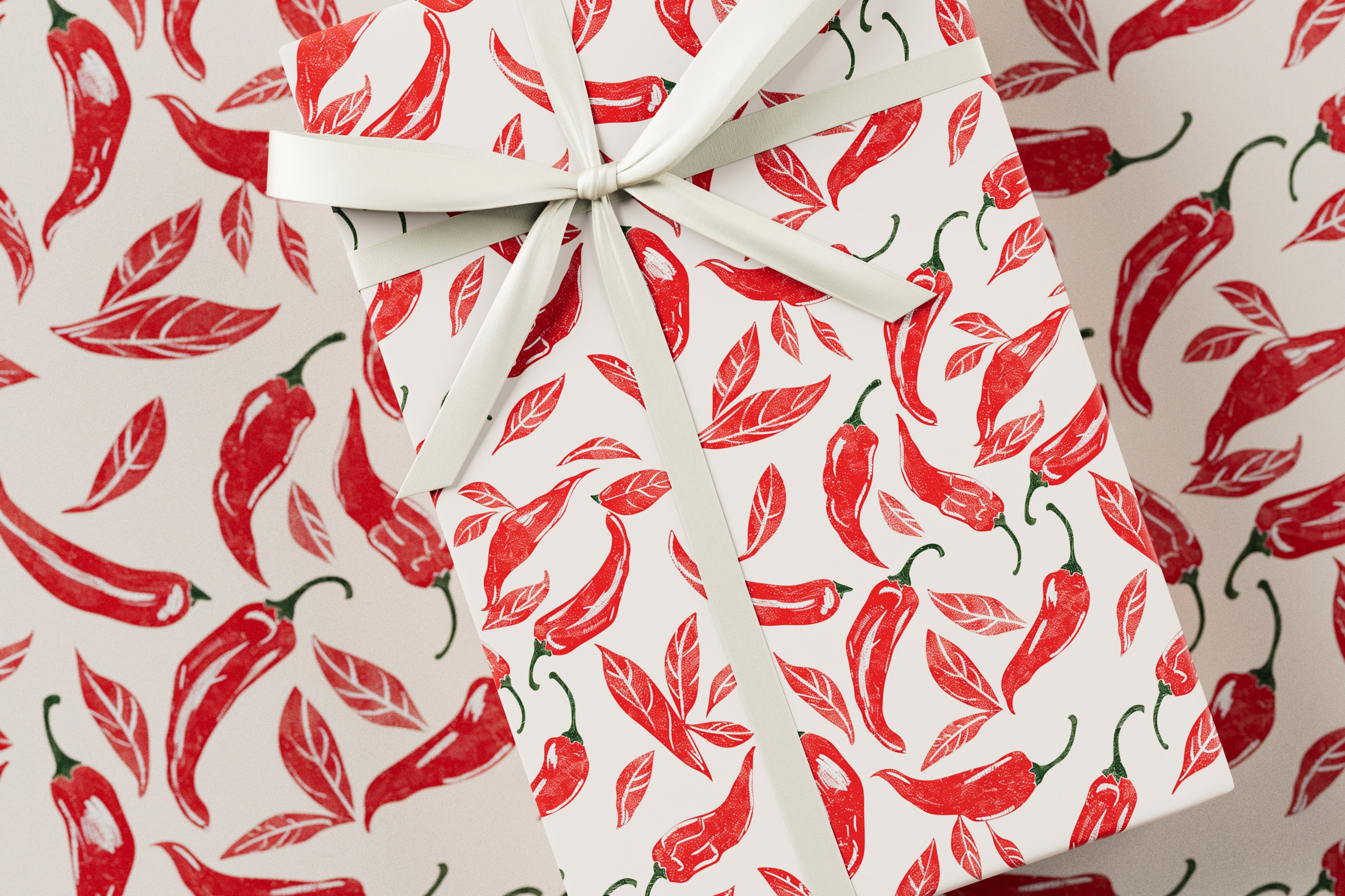 Papier cadeau piment rouge - Emballage cadeau premium, collection d'impressions au bloc, design amusant, cadeau d'anniversaire, rouge et blanc
