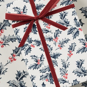 Christmas Holly Wrapping Paper - Premium Gift Wrap, Christmas Collection, Fun Pattern, Festive Present, Block Print Design, Holiday Gift