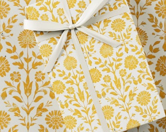 Block Print Wrapping Paper - Premium Gift Wrap, Block Print Collection, Floral Pattern, Birthday Present, Artisanal Design, Yellow & White