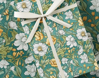 Hopeful Floral Spring Wrapping Paper - William Morris Inspired, Premium Gift Wrap, Floral, Unique Design, Vintage Present, Green