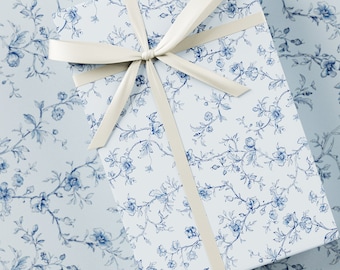 Wedding Gift Wrapping Paper - Wedding Day Collection, Floral, Blue & Baby Blue, Wedding Decor, Bridal Shower Present, Premium Gift Wrap