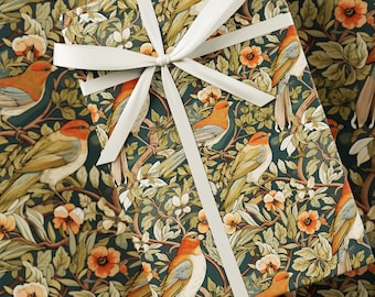 Papel de regalo con pájaros florecientes, inspirado en William Morris, papel de regalo premium, floral, diseño único, regalo vintage, verde y azul.