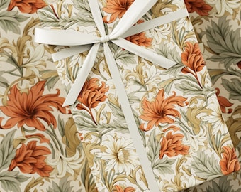 Rust Foliage Wrapping Paper - William Morris Inspired, Premium Gift Wrap, Floral, Unique Design, Vintage Present, Beige, Orange & Green
