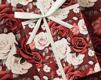A Bunch Of Roses Wrapping Paper - Premium Gift Wrap, Valentine Collection, Floral, Unique Design, Modern Present, Pink, White & Red