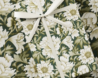 Floral Foliage Wrapping Paper - William Morris Inspired, Premium Gift Wrap, Floral, Unique Design, Vintage Present, Green & White