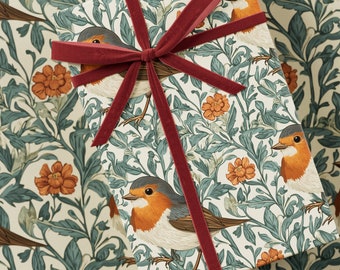Robin Bird Wrapping Paper - Christmas Collection, William Morris Inspired, Premium Gift, Festive Present, Vintage Design, Holiday Gift Wrap