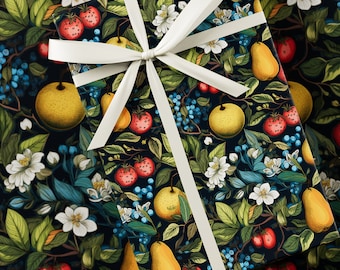 Papel de regalo de frutas de invierno - Inspirado en William Morris, papel de regalo premium, floral, diseño único, regalo vintage, colores vibrantes