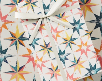 Block Print Wrapping Paper - Premium Gift Wrap, Block Print Collection, Star Pattern, Birthday Present, Vibrant Pastel Colours