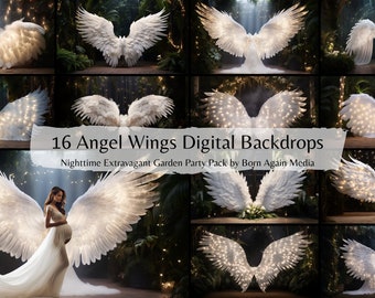 16 x Noche extravagante jardín fiesta Angel Wings fondos digitales, fondos de fotografía, fondos de estudio, superposiciones de fondo de maternidad
