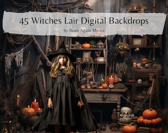 May include: A young girl dressed as a witch stands in a dark, spooky room decorated with Halloween props. The room features a wooden table, shelves filled with jars and candles, and a variety of Halloween decorations, including pumpkins, skulls, and cobwebs. The girl is wearing a black witch's hat and a long black dress. The image is a digital backdrop for photography.