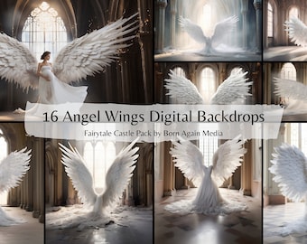 16 x fondos digitales de alas de ángel del castillo de cuento de hadas, telón de fondo digital para fotografía, fondos de estudio, superposiciones de telón de fondo de maternidad