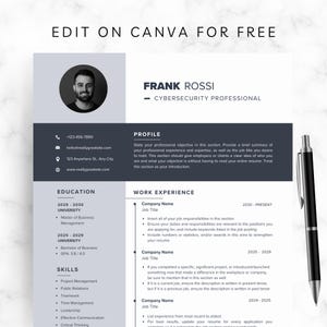May include: A modern resume template with a professional layout. The design features a headshot, contact information, and sections for education, skills, and work experience. A black pen rests on the right side of the resume.