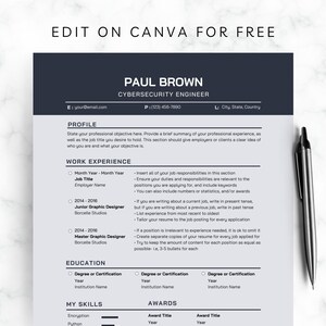 May include: A black and white resume template with the title "Cybersecurity Engineer" and the name "Paul Brown". The resume includes sections for profile, work experience, education, my skills, and awards.