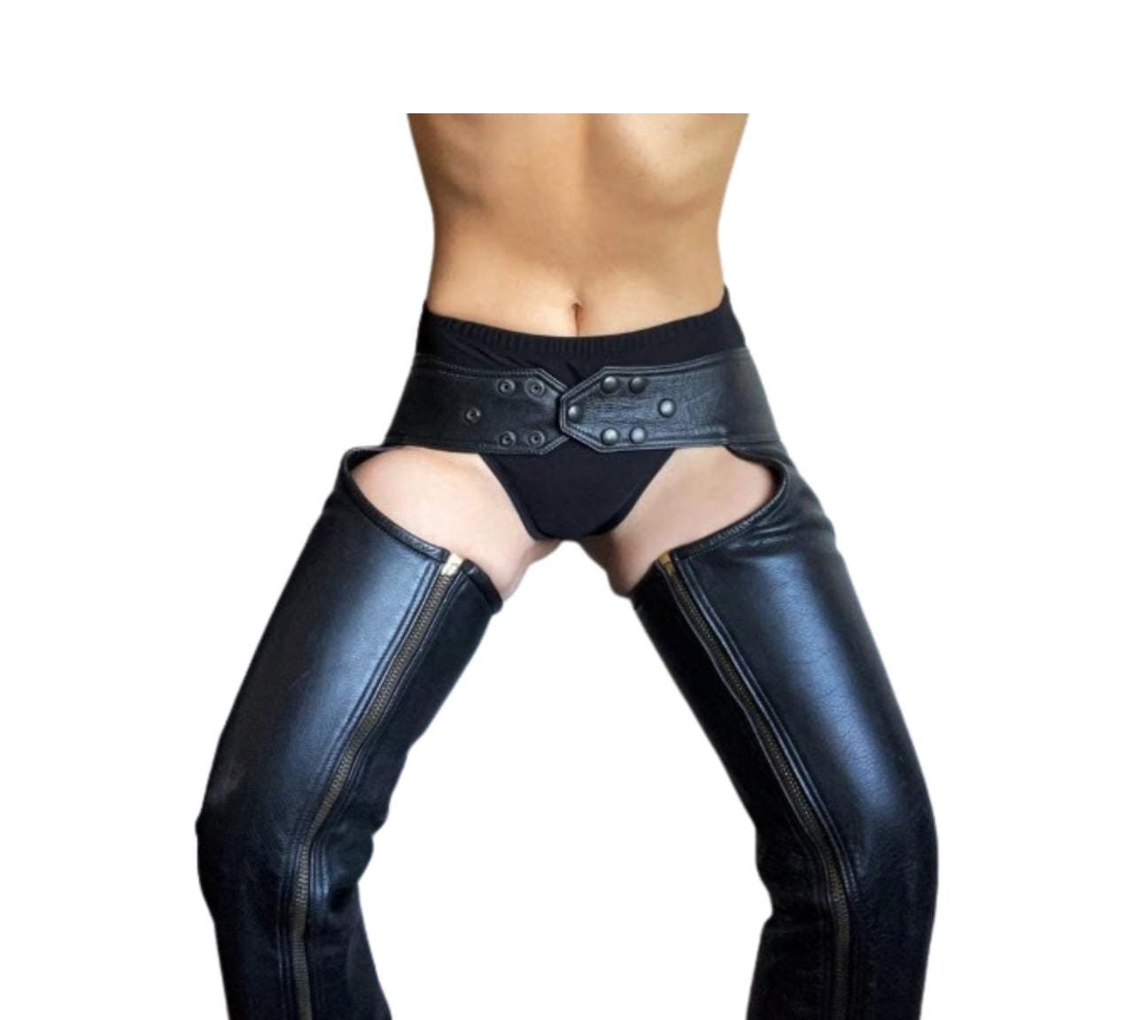 Women's BLACK Leather Chaps Pant With Smooth, Soft Leather, Biker