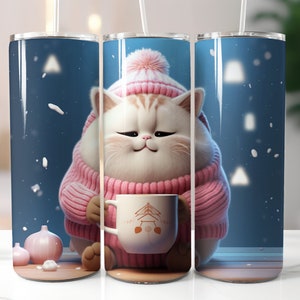 クリスマスキャットタンブラーラップ、20オンススキニータンブラー昇華デザイン、ウィンターピンククリスマスキャットデジタルPNG、コーヒーを飲む猫昇華デザイン