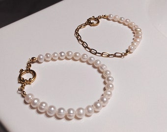 Pearl and vintage gold chain bracelet, half pearl chain bracelet, trendy bracelet, stylish pearl bead bracelet, elegant bracelet