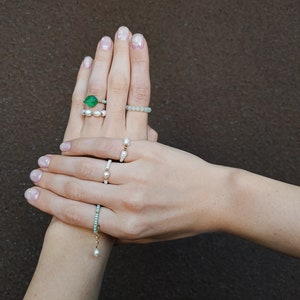 Beaded rings set 6pcs, natural pearl rings, green white adjustable rings, minimalist rings, pendant ring, dainty delicate ring, mermaid ring image 9