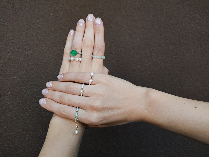 Beaded rings set 6pcs, natural pearl rings, green white adjustable rings, minimalist rings, pendant ring, dainty delicate ring, mermaid ring image 9