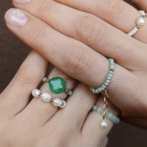 Beaded rings set 6pcs, natural pearl rings, green white adjustable rings, minimalist rings, pendant ring, dainty delicate ring, mermaid ring image 3