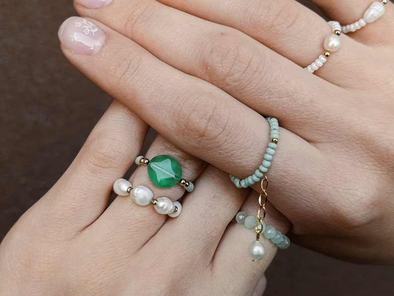 Beaded rings set 6pcs, natural pearl rings, green white adjustable rings, minimalist rings, pendant ring, dainty delicate ring, mermaid ring image 3