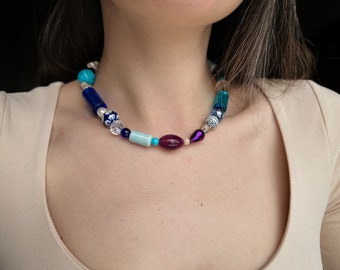 Trendy colorful necklace, modern necklace, mix beads choker,brigth funky necklace,multibeaded chunky necklace,ceramic beads,stylish necklace