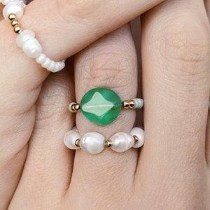 Beaded rings set 6pcs, natural pearl rings, green white adjustable rings, minimalist rings, pendant ring, dainty delicate ring, mermaid ring image 4