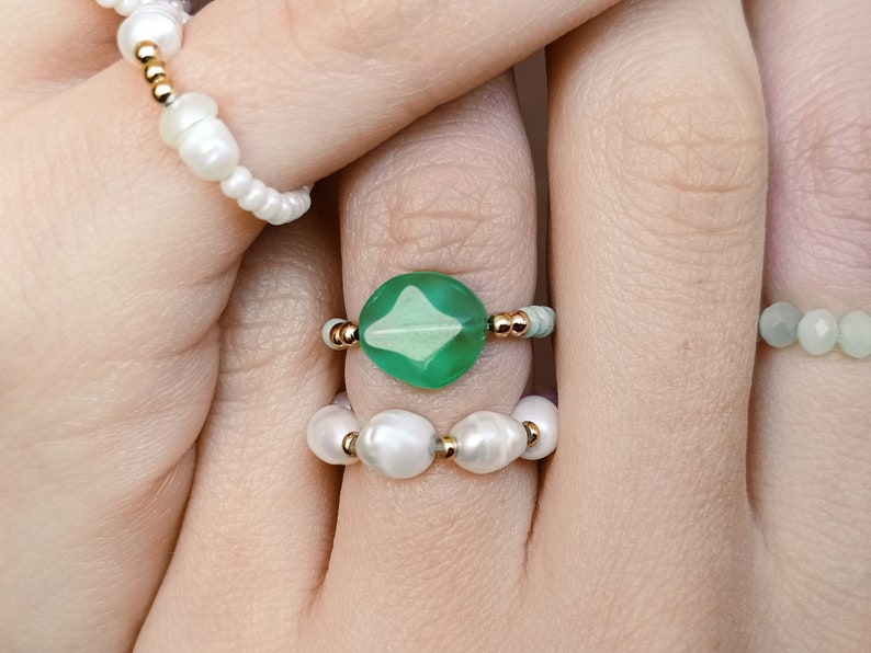 Beaded rings set 6pcs, natural pearl rings, green white adjustable rings, minimalist rings, pendant ring, dainty delicate ring, mermaid ring image 4