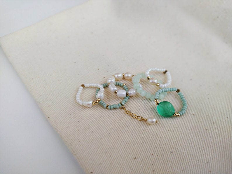 Beaded rings set 6pcs, natural pearl rings, green white adjustable rings, minimalist rings, pendant ring, dainty delicate ring, mermaid ring image 7