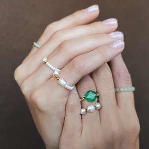 Beaded rings set 6pcs, natural pearl rings, green white adjustable rings, minimalist rings, pendant ring, dainty delicate ring, mermaid ring image 1